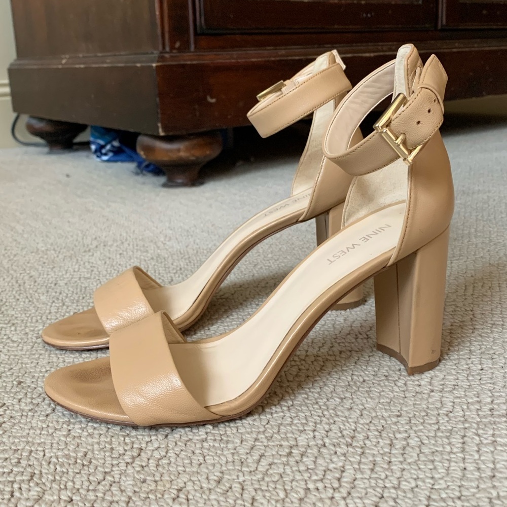 Nine West Nude Leather Open-Toe Block Heel